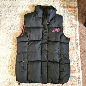 Makaveli Branded women's Black Puffer Vest. Hot Pink lettering. NWOT. Size S